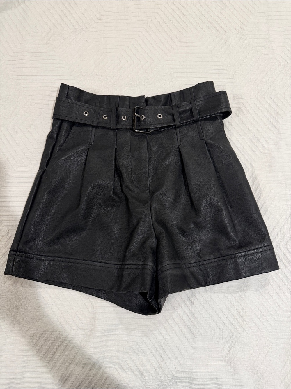 Topshop Black High-Waist Belted Leather-Look Shorts